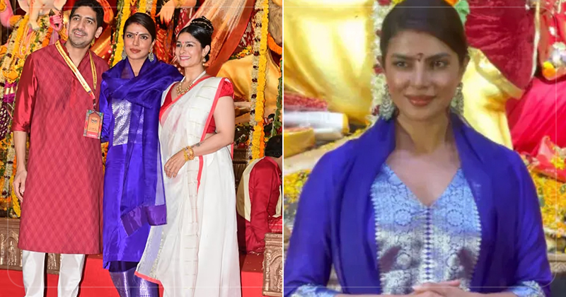 વાહ દેશી ગર્લની દેશી સ્ટાઈલ…લાલ બિંદી, વાળમાં સિંદૂર અને માથા પર પલ્લુ લઇને દેશી ગર્લ પહોંચી દુર્ગા પંડાલમાં