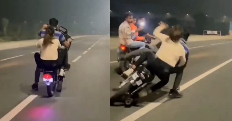 રીલ બનાવવાના ચક્કરમાં અકસ્માત ! બાઇક પર સ્ટંટ કરતા સમયે ધડામ દઇને પડ્યુ કપલ- વીડિયો થયો વાયરલ